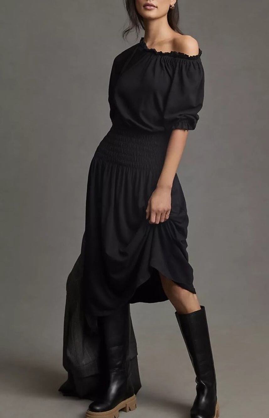 Sundry Smocked Midi Dress Womens Medium Black Cotton Blend Off Shoulder LBD NEW